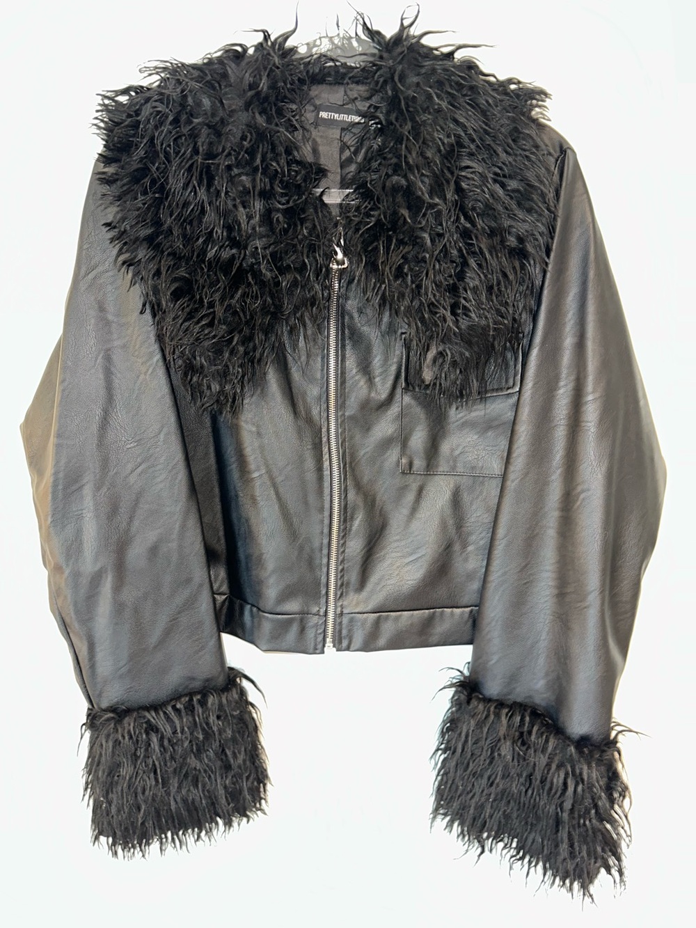 PrettyLittleThing black faux leather jacket w/fur trim 12